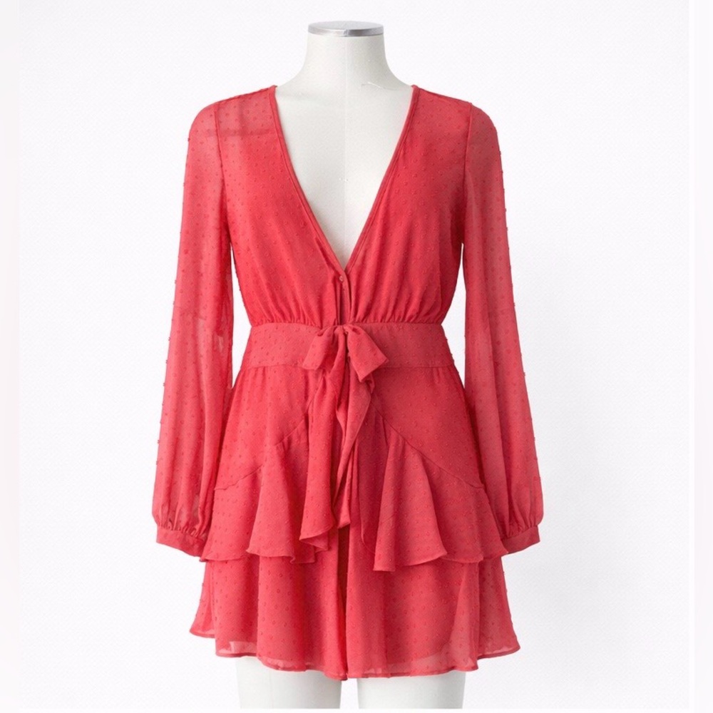 For Love & Lemons Pink Coral Swiss Dot Long Sleeve Mini Dress | Size S | NWOT